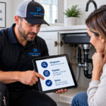 Plumber explains to client